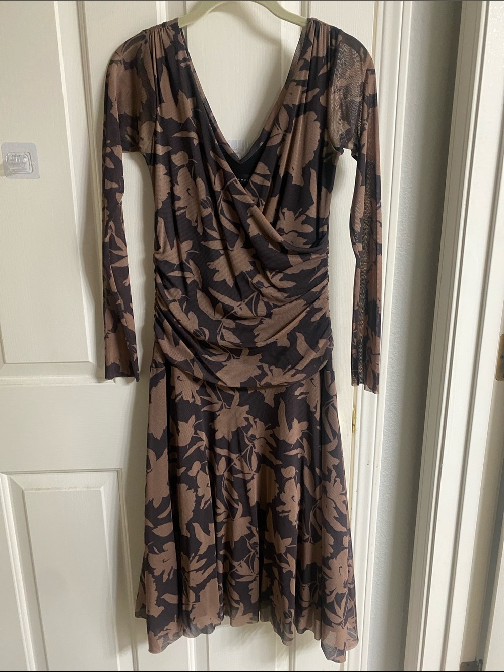 Weston Wear Brown and Black Floral Long-Sleeve Draped Dress